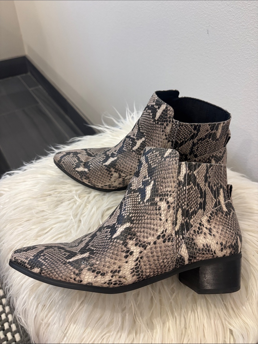 HALOGEN Snake-Print Pointed Toe Ankle Boots - Beige/Black
